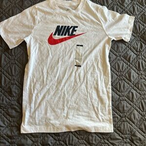 Nike Kids White Tee with Red Swoosh and Black Logo